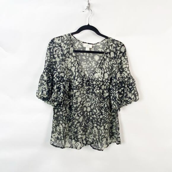 2/$30 LOFT Medium Womens Black Cream Animal Sheer Popover Top Blouse Layer Flowy - Picture 1 of 9